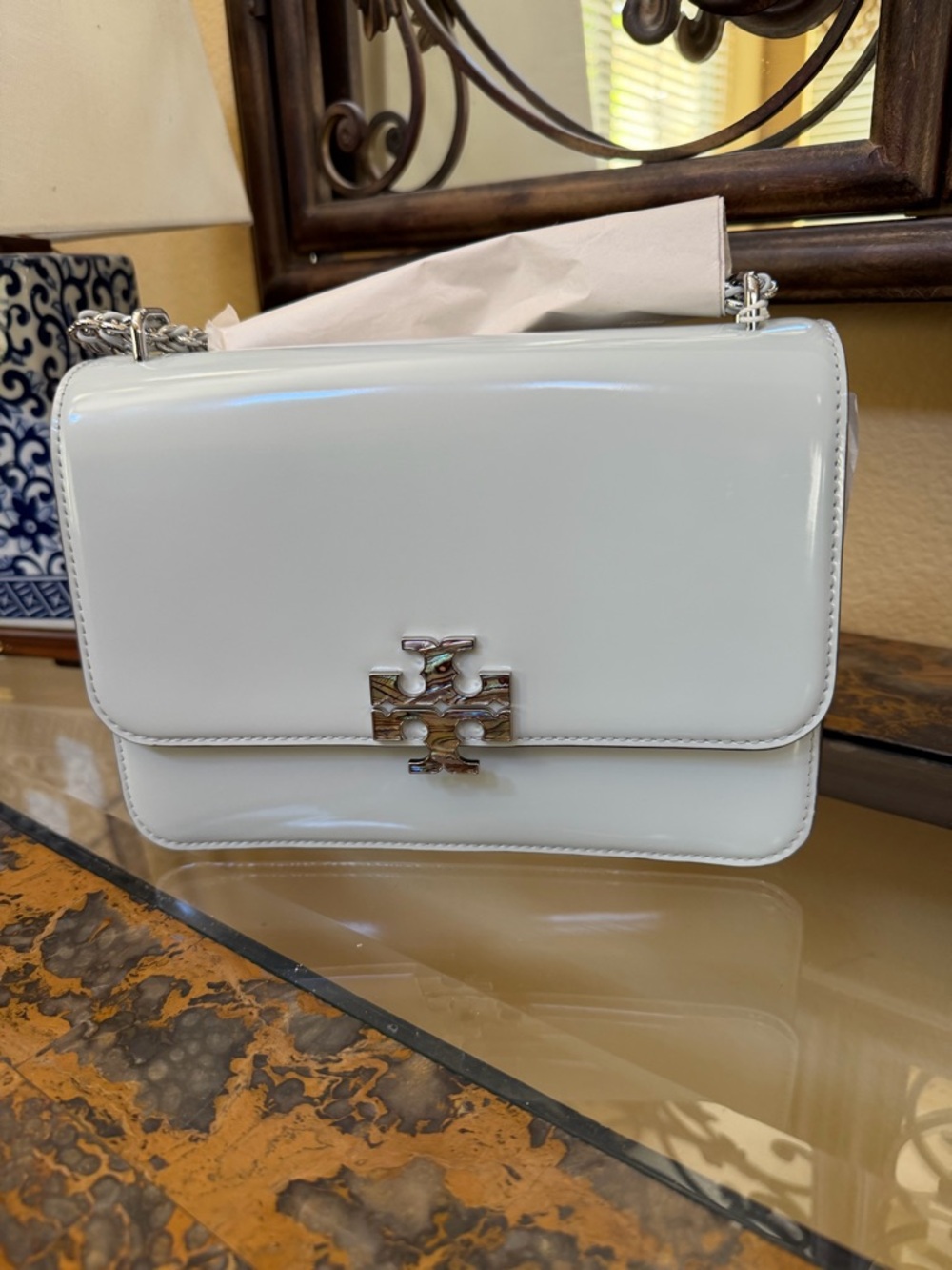 Tory Burch Britten Small Light Blue Glossy Patent Shoulder Bag